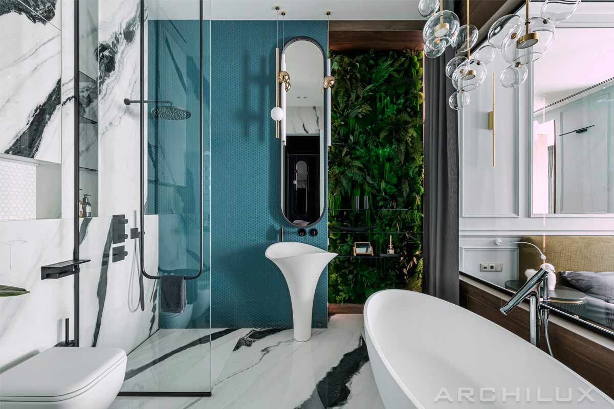 Уникальные дизайны интерьера - дизайн ванной комнаты с душем - представляем пример: квартира в серых тонах, неоклассика в интерьере, Москва