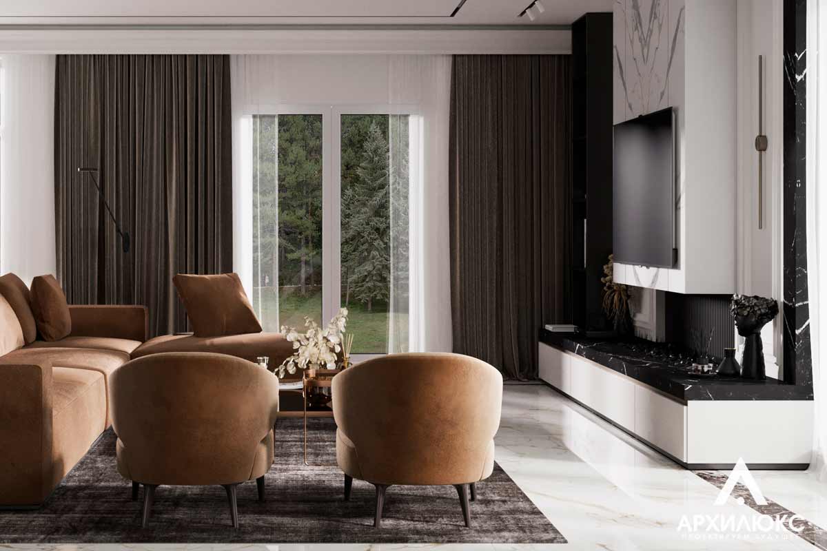Дизайн гостиной с камином и панорамными окнами