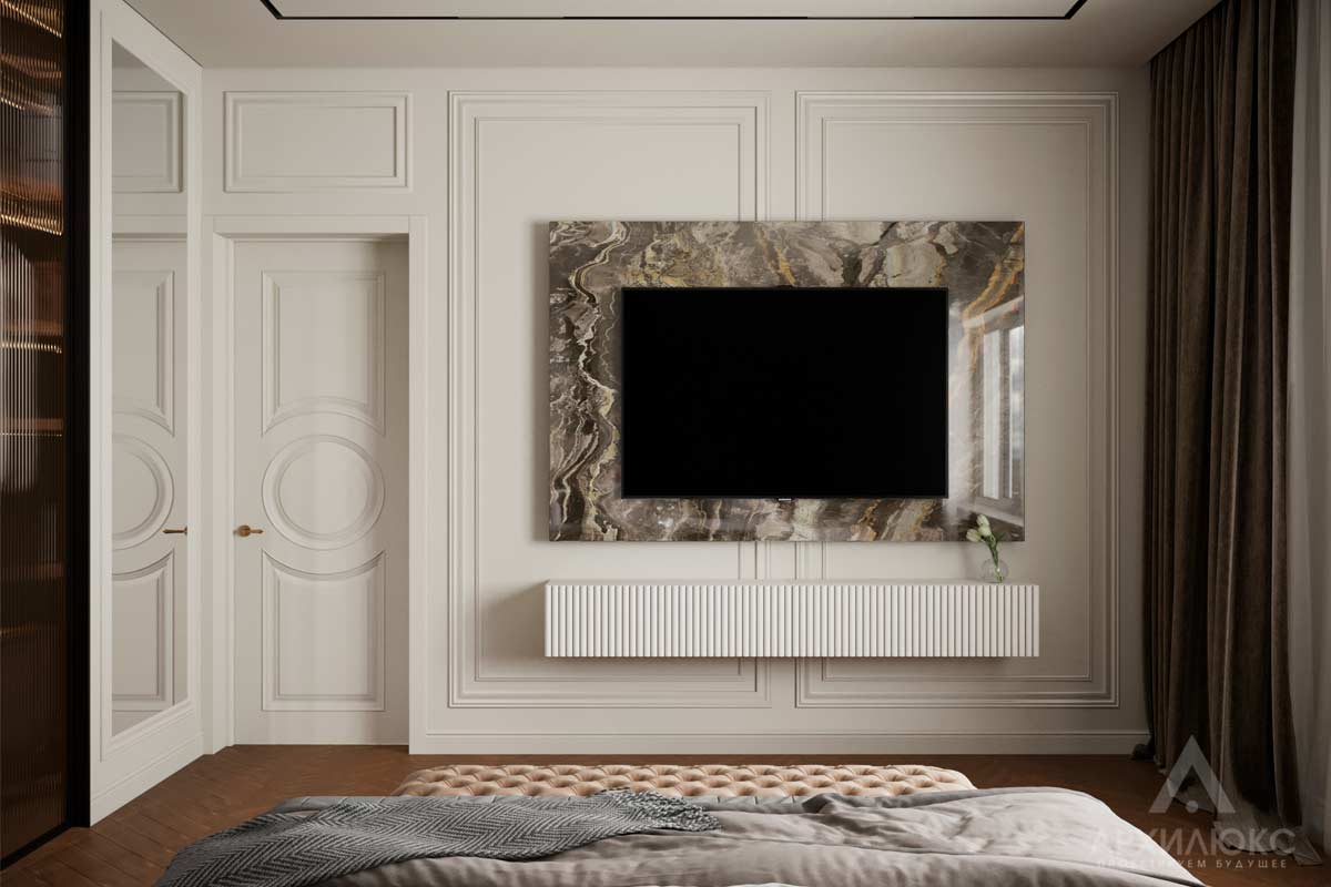 Телевизор в спальне на панно из натурального мрамора