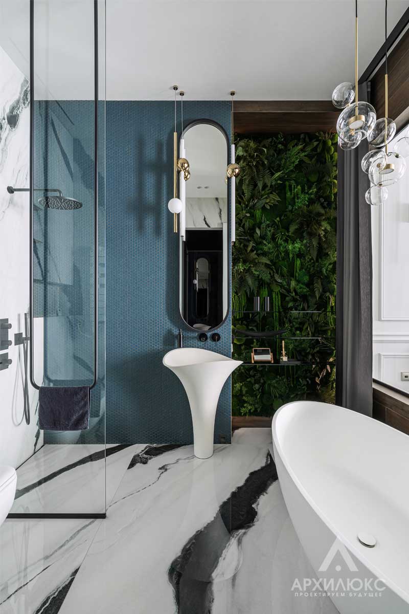 Дизайн ванны с туалетом, неоклассика интерьер, стенка из растений