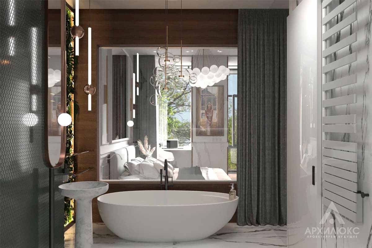 Современная ванная комната с фито стеной